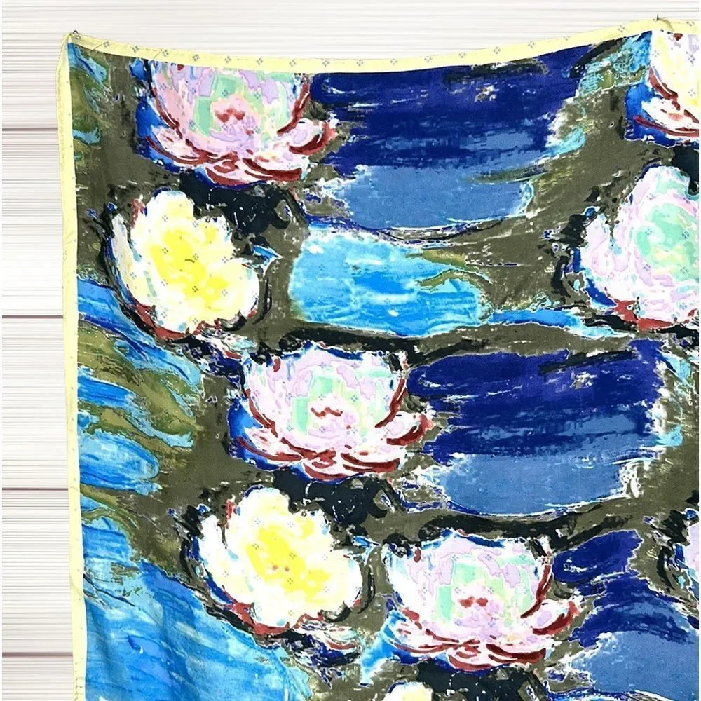 Water Lilies by MONET Scarf Vintage Silk Satin Square  Hand Rolled Blue Yellow